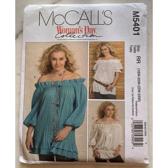 McCall's‎ Pattern M5401 Women's Peasant Blouses Size 16W-22W-24W Uncut FF Boho