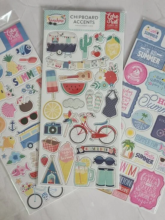 Echo Park Chipboard Accents & Phrases Summertime Beach Theme - Lot of 3