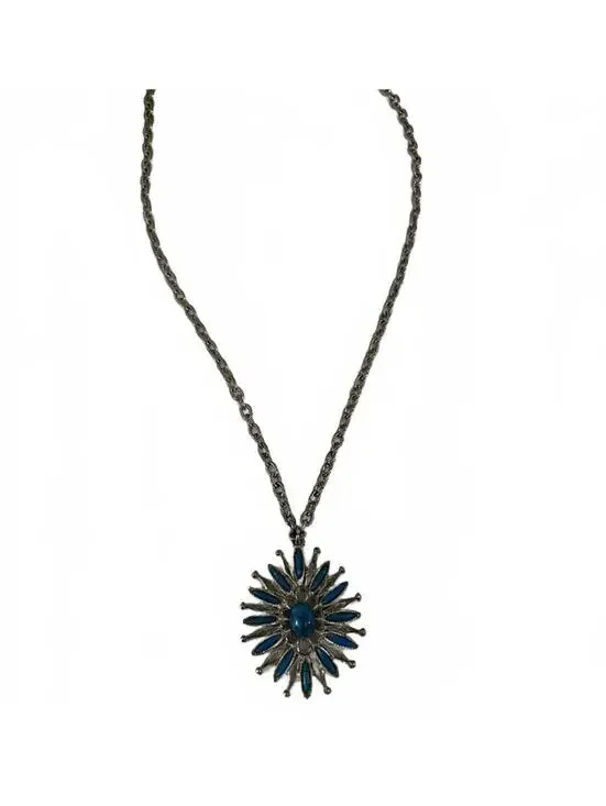 Silver Tone Necklace with Blue Sunburst Pendant