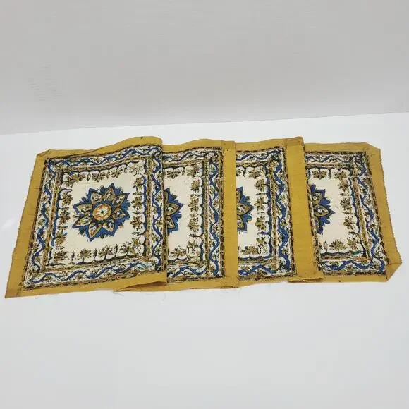 Vintage Turkish Yellow Mandala Flower Fabric Panel Set 4 Connected Turkey Made