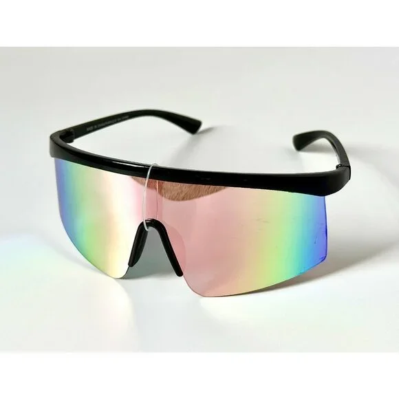 Hang Ten 6021W Shield Sunglasses Black Frame Yellow Mirror Lens Sport Unisex New