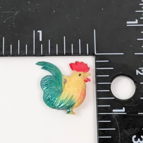 Vintage Miniature Plastic Rooster Charm Red Green Yellow Cracker Jack Prize 1