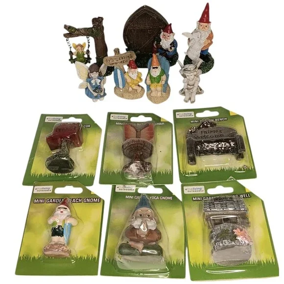 Lot Of 13 Miniature Garden Gnomes Fairies And Accessories Resin True Living New