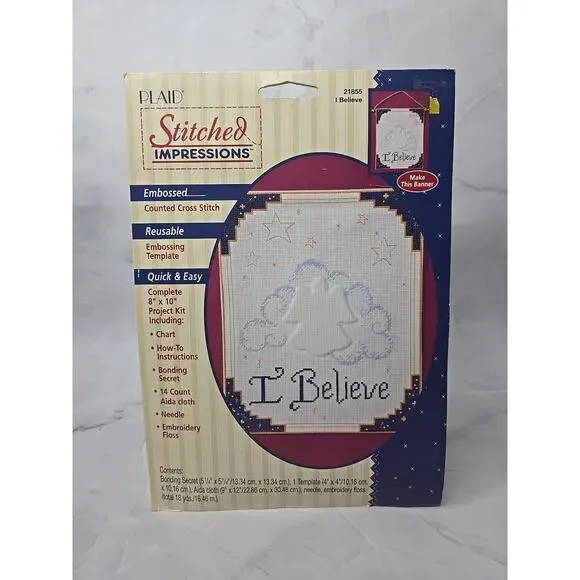 1995 Plaid Stitched Impressions Embossed Counted Cross Stitch Kit I Believe