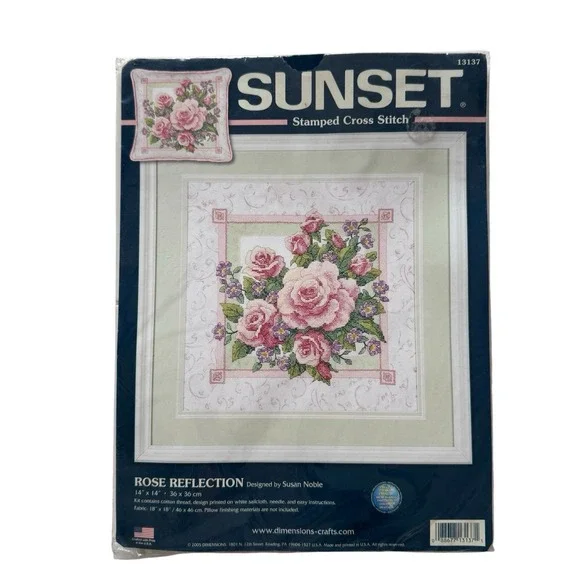 Sunset Stamped Cross Stitch Kit - Rose Reflection - NIP pillow or picture floral