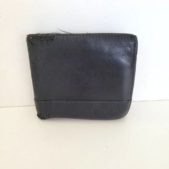 Gucci Mens Bifold Wallet Black Leather GG Guccissima Logo Coin Pocket AS IS