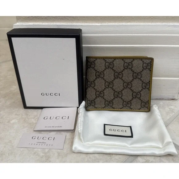 Gucci Men Wallet GG Mustard Yellow Leather Inside Signature Canvas Box Bag Card
