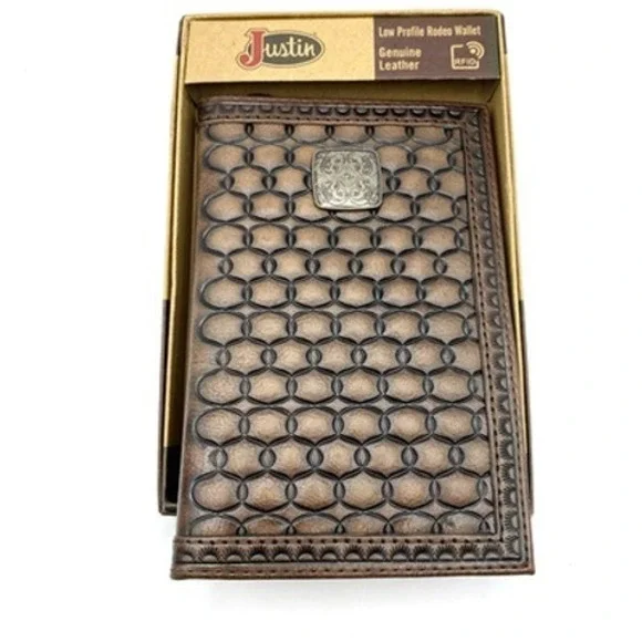 Justin Mens RFID Low Profile Bifold Wallet Brown Leather Rodeo Western NIB