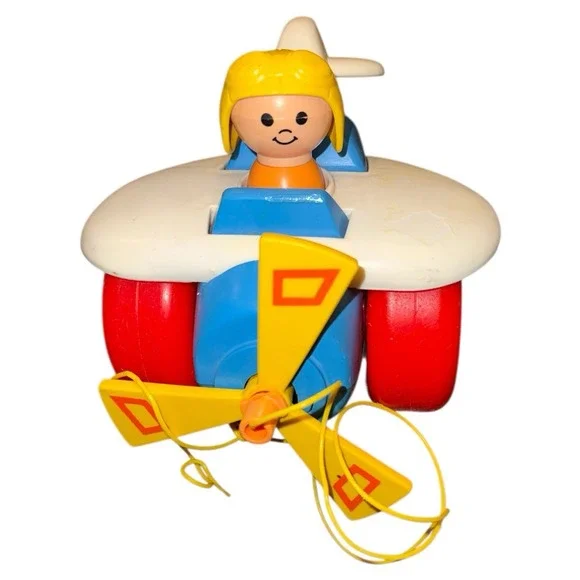 Vintage 1980 Fisher Price 171 Pull Along‎ Airplane W Pilot Pull Toy Works