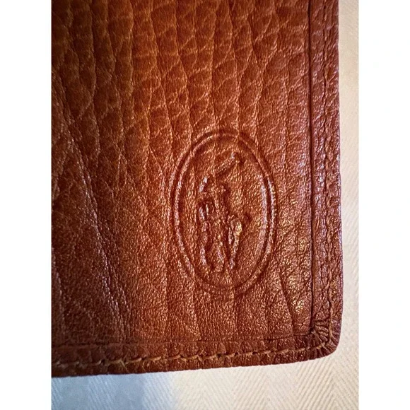 90s Polo Ralph Lauren Mens Pebbled Leather Bifold Card Case Wallet Cognac Brown