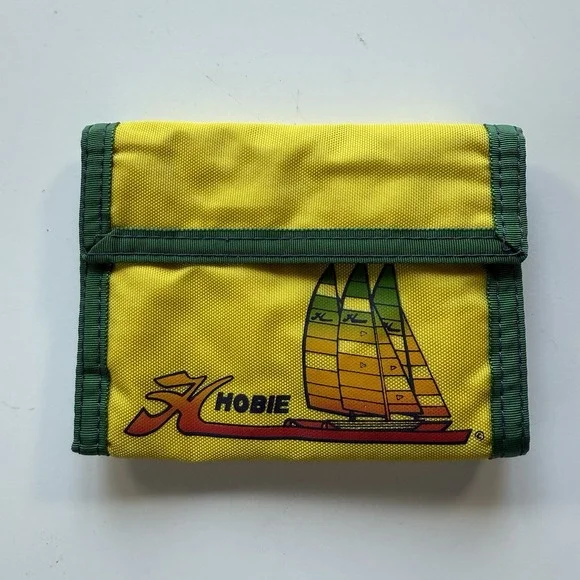 Vintage 1980s HOBIE‎ Logo Sailboat Nylon Tri-Fold Wallet Yellow Green Surf Ocean