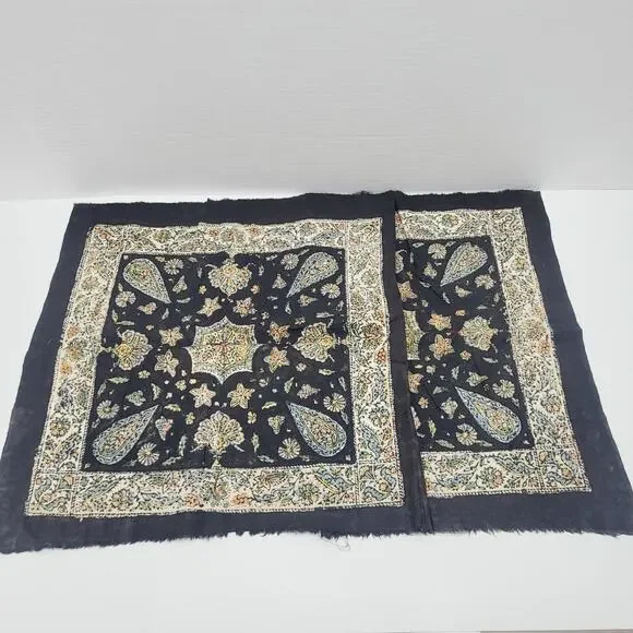 Vintage Turkish Black Mandala Floral Paisley Fabric Panels Turkey Made 2 Piece