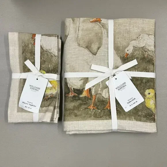 Williams Sonoma Volaille Tablecloth 70 x 108 + 4 Napkins Rabbit 100% Linen NWT