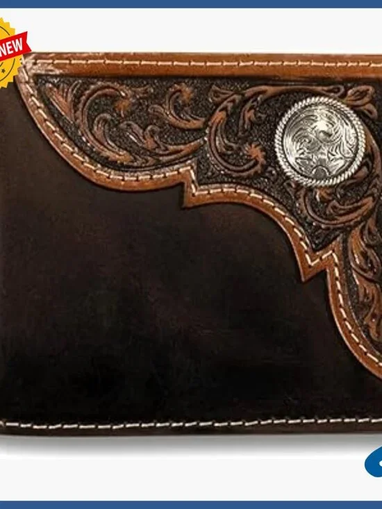 Distressed Leather Trifold Wallet with Tooled Corner and ID Window
