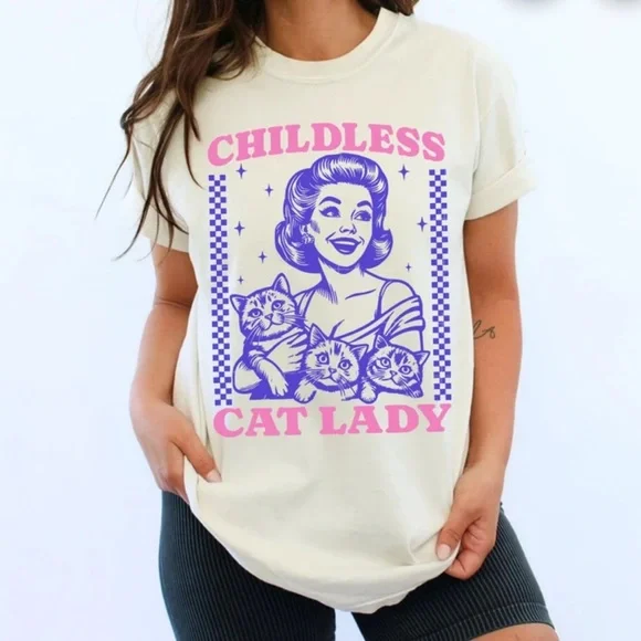 Bella Canvas Cream Childless Cat Lady T-Shirt with Purple and Pink Graphics