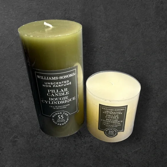 Williams Sonoma unscented pillar candle lot of 2 green and ivory