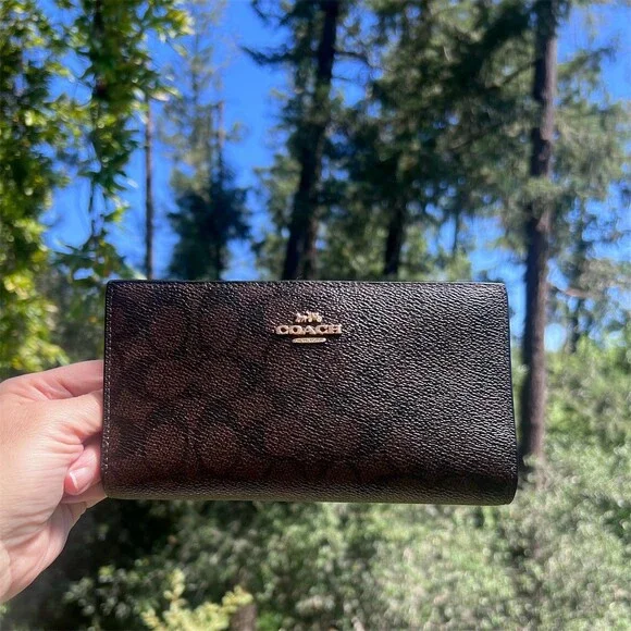 COACH Signature Canvas Bifold Wallet BLACK/BROWN with Gold Hardware AUTHENTIC
