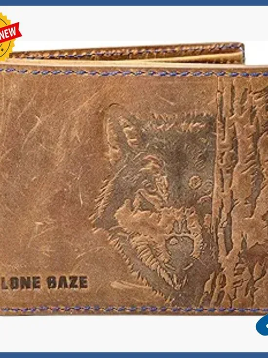 Men's RFID Leather Bifold Wallet with Wolf Embossing, Gift Box