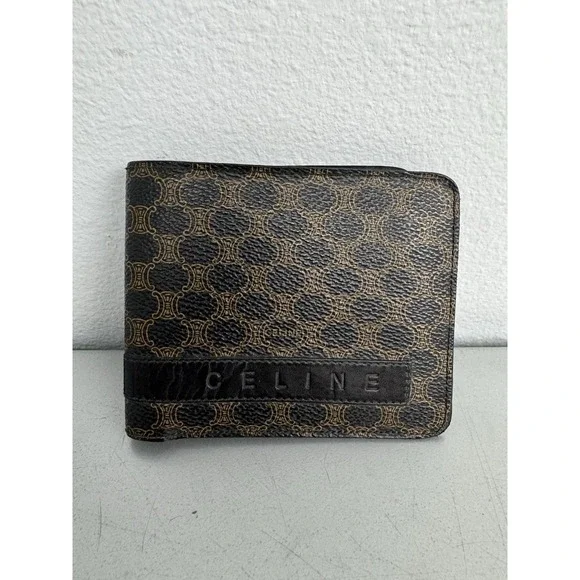 CELINE Macadam Bifold Wallet Mens Black Embossed Leather Brown Monogram Italy