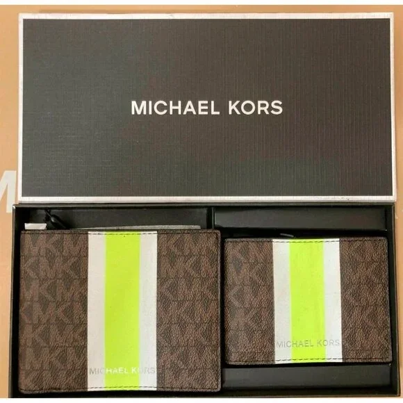 S Michael Kors Billfold Wallet Box Set Brown Neon Green Logo 36H1LGFF1B NIB $178