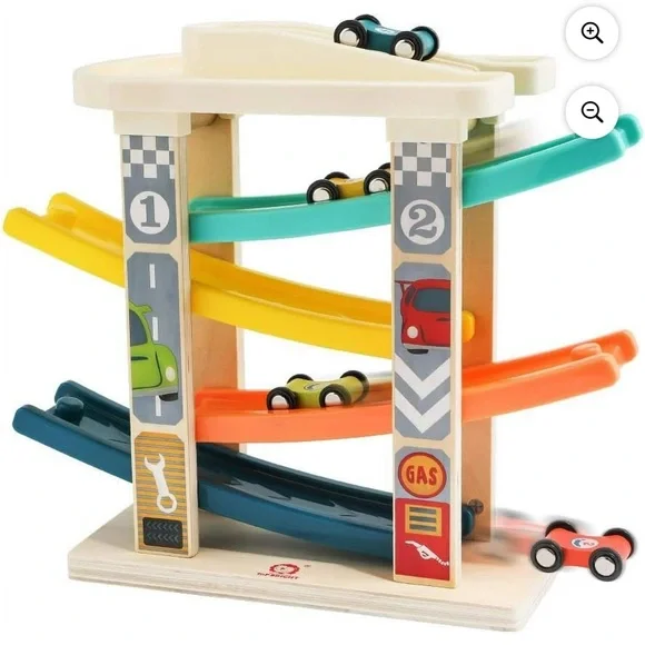 Toddler Montessori Style Wooden RaceTrack Car Ramp Toy w/ 4 Mini Cars