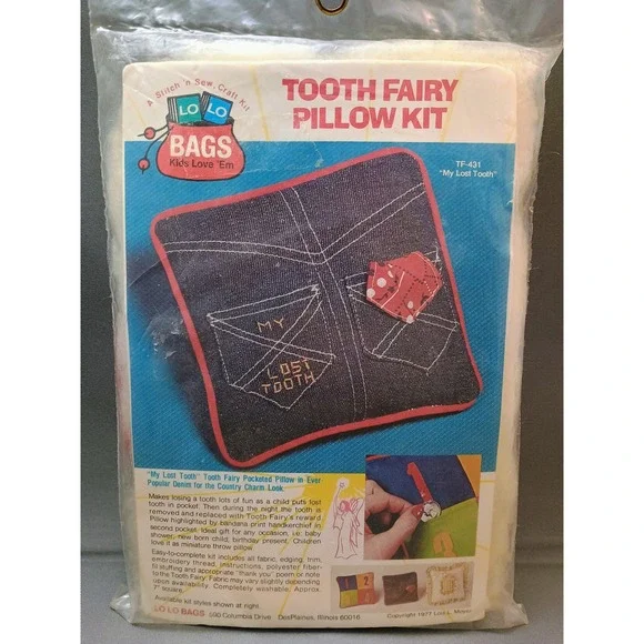 Vtg 1977 LO LO BAGS Tooth Fairy Pillow Craft Kit TF431‎ My Lost Tooth Jean Denim