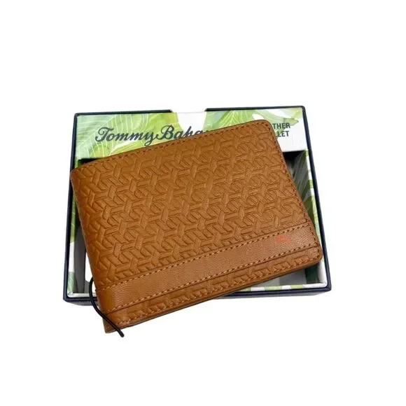 Tommy Bahama Mens Tan Leather Geometric Embossed BiFold Wallet With Box