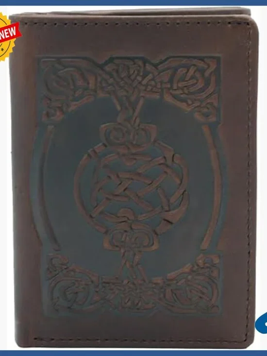 Men's Tri-Fold Leather Wallet with Celtic Knot Design, 9 Card Slots