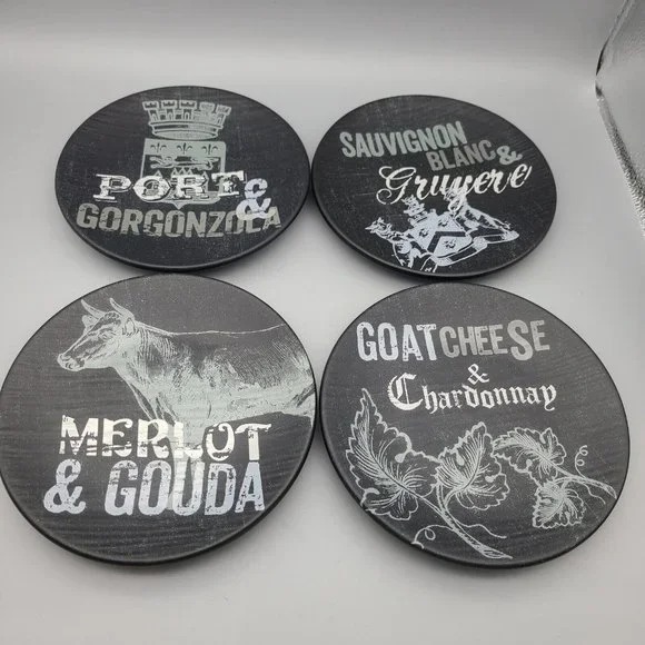 Set (4) Williams Sonoma plates Black Matte Wine & Cheese Motif Small Stoneware