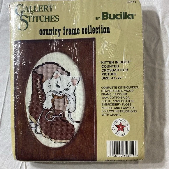 Bucilla Kitten in Boot Cross Stitch Kit 32671 Vintage New Sealed