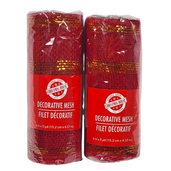 Christmas House Red Gold Deco Mesh 6