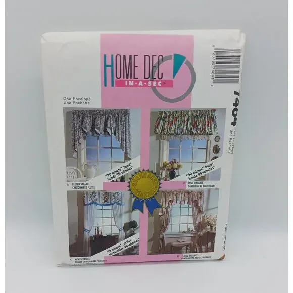 Home Dec in a Sec 7484 Vtg 1995 Valance Window Treatment Curtain Sewing Pattern