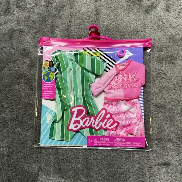 Barbie Fashions Pink Dream T-shirt Skirt w/Bracelet‎ Green Romper Outfit New!