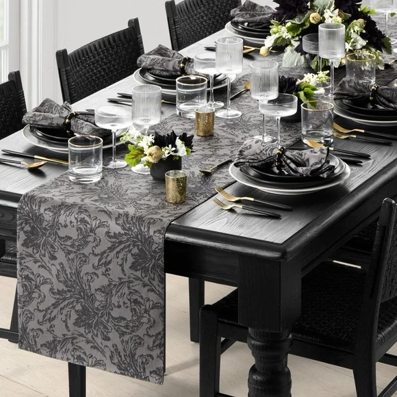 Williams Sonoma Black Damask Table Runner Kitchen Linen Cotton Jacquard NWT 108