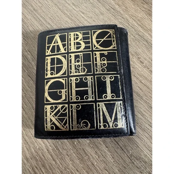 Paloma Picasso Black‎ Leather Tri Fold Wallet Gold Alphabet Design Made in Italy