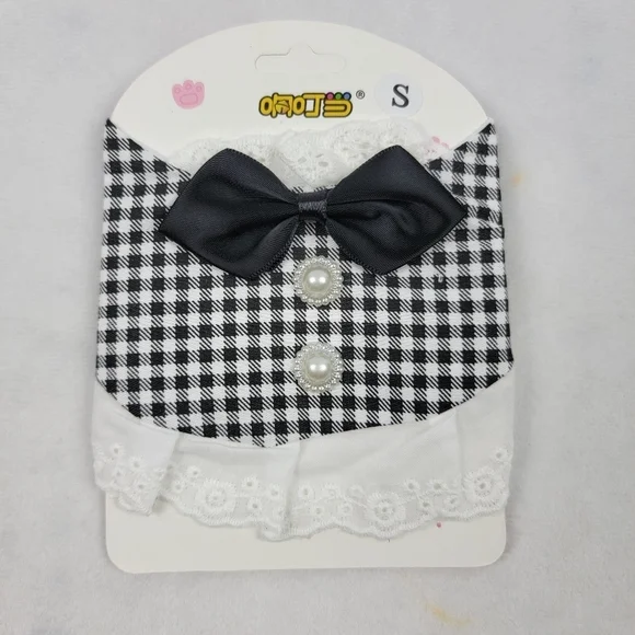 NWT tiny cat / dog scarf collar gingham with pearl and black bow