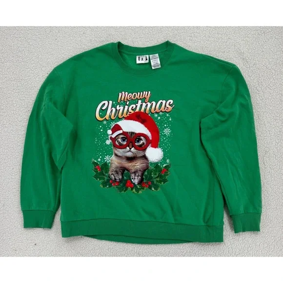 Green Meowy Christmas Cat Sweatshirt XXL Festive Holiday Kitten Holiday Party