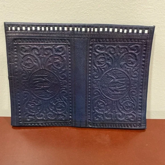 Wallet Moroccan Leather Genuine carved Bi-fold Handmade Unisex Blue‎ Medium