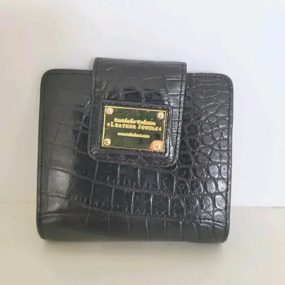 Leather Jewels Leather Wallet Bifold Credit Card Bill Croc Black‎ Small Compact