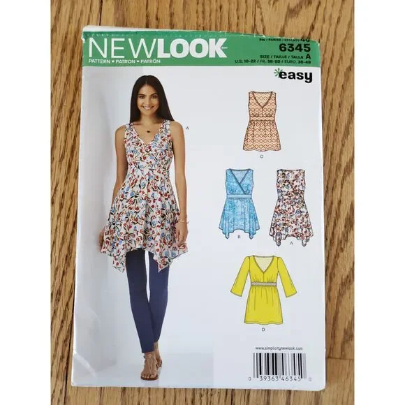 Newlook 6345 Pattern A Womens 10-22 V Neck Wrap Handkerchief Hem Top New Uncut