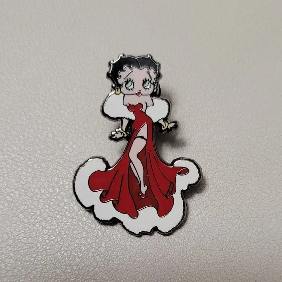 Beautiful BETTY BOOP Enamel Long Red Dress W/ White Fur‎ Winter Christmas Pin