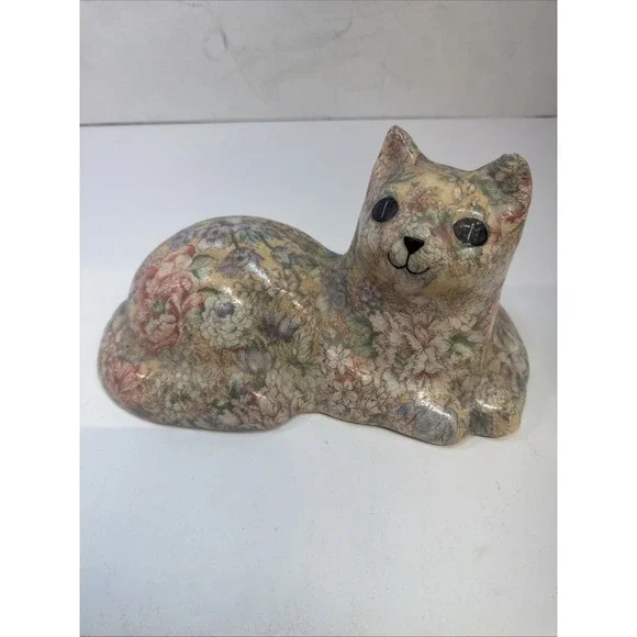 Floral Decoupage Cat Figurine Fabric Lacquered‎ Statue Vintage