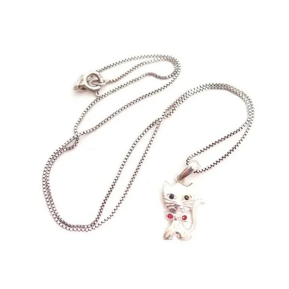 Sterling Silver Kitty Cat Pendant Charm Chain‎ Necklace