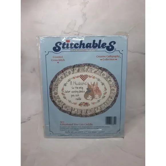 1989 Dimensions Stitchables Cross Stitch Kit A Husband You Can Cuddle 5x7 Oval