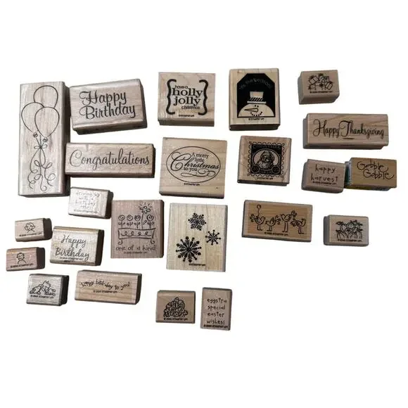 Wooden Rubber Stamps Bundle Lot of 23 Holiday and Birthday Seasonal Stamping