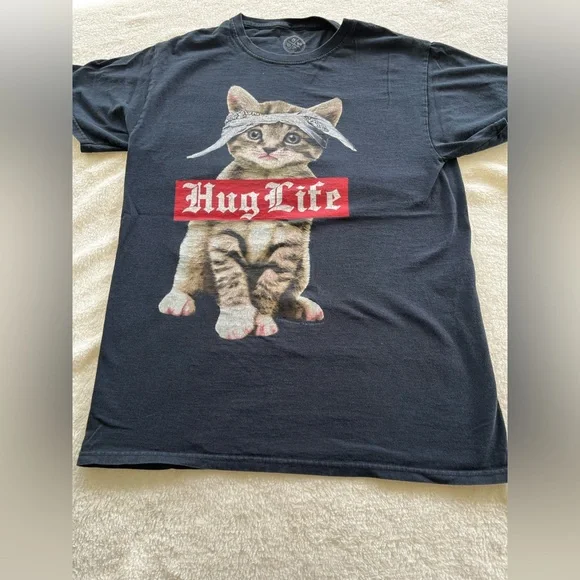 DOM Hug Life Kitten Graphic T-Shirt navy blue Size S Cute Funny Cat Tee
