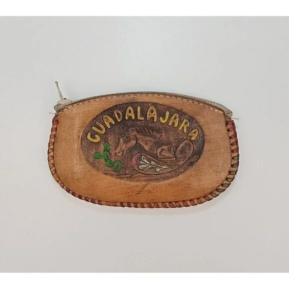 VINTAGE Guadalahara Hand Tooled Embossed Souvenir Leather Wallet Coin zipper