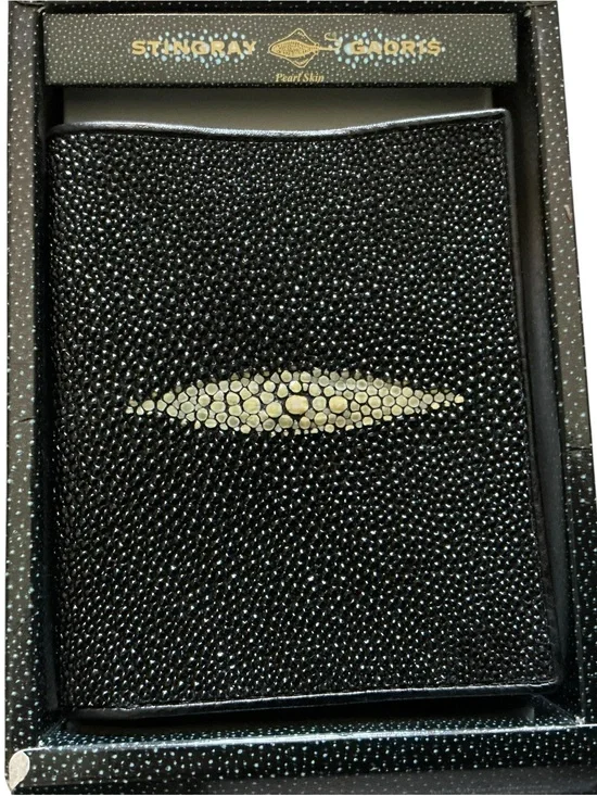 Genuine black stingray skin bifold wallet white cowhide leather men’s