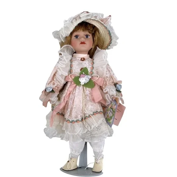 Cathay Collectible Porcelain Doll Pink‎ Dress Hat Stand Decorative Display
