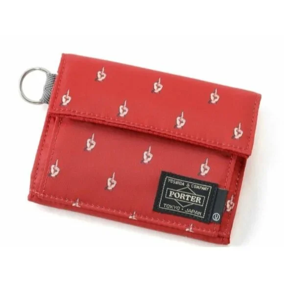 Porter Tokyo Japan Red Canvas Wallet Zip Coin Key Ring Small Trifold